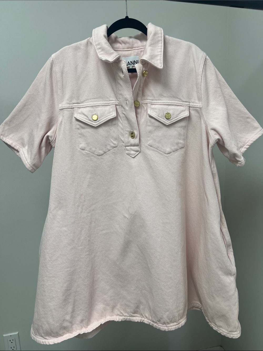 Ganni Light Pink Macro-denim Mini Swing Dress